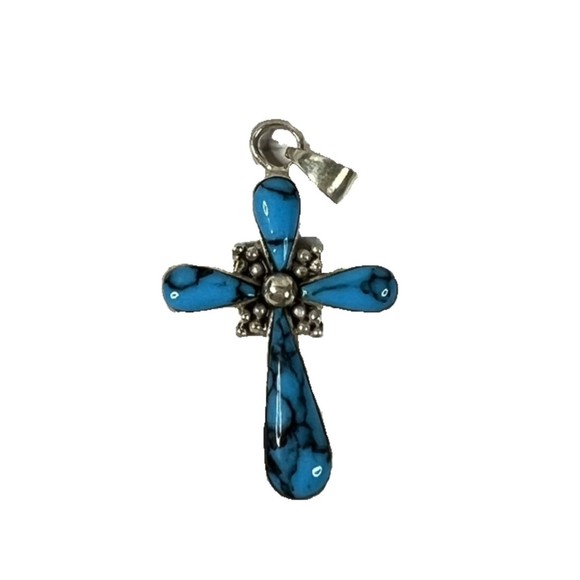 Vtg 925 Sterling Silver Native American Turquoise Cross Pendant w/Makers Mark - Picture 1 of 8